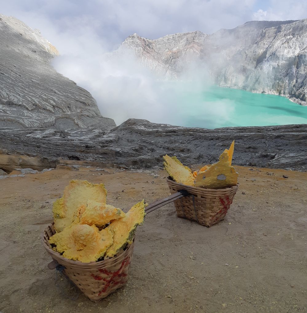 Ijen volcano and sulfur lake on Java Island, Indonesia